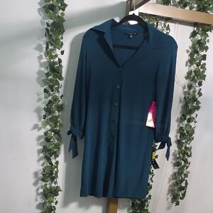 Teal Button-Up Dress with Tie Sleeves